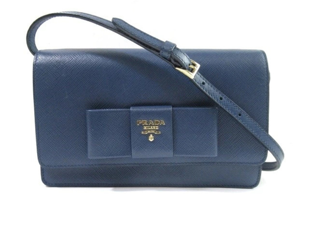Prada bag shoulder Pouch Clutch handle wallet embossed leather Navy Blue